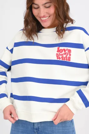 Pullover LOVE ALWAYS WINS in Creme/Blau